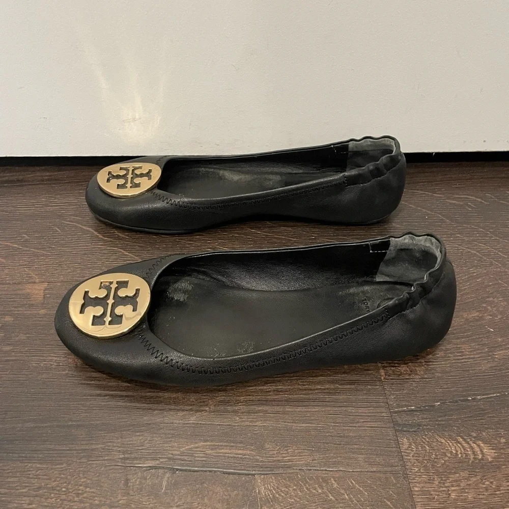 Tory Burch Travel Ballet Minnie Flats Black Gold Slip On Shoes Size 7M
